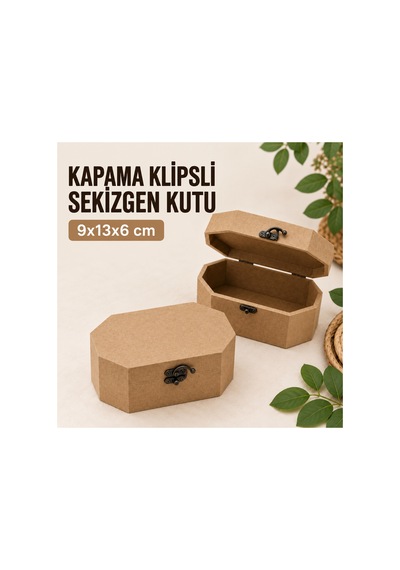 Kapama Klipsli Sekizgen Mdf Kutu 9x13x6 Cm Ham Ahşap Dekoratif Hediye Kutusu Bej
