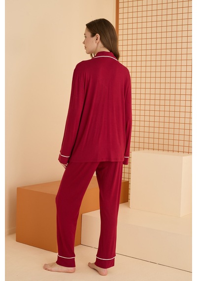 Nbb Kadın Bordo Viskon Önden Düğmeli Pijama Takımı Bordo