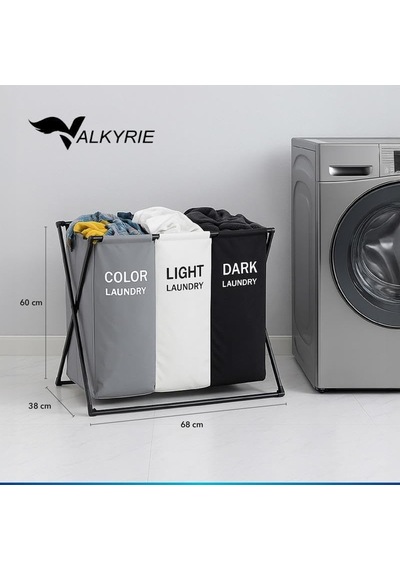 Valkyrie 3 Bölmeli Katlanabilir Çamaşır Sepeti Siyah Beyaz Renk Ayırmalı Çamaşır Organizer Diğer