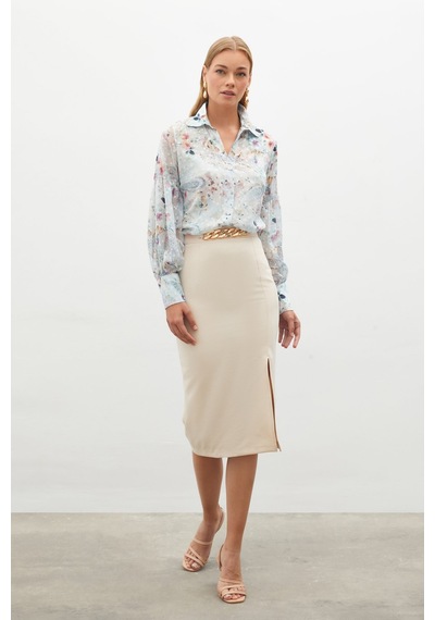 Sateen Zincir Detaylı Kalem Etek - Bej-131707 Bej