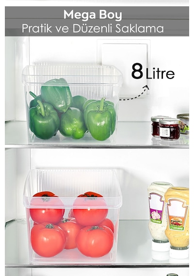 2 Adet Dolap İçi Buzdolabı Düzenleyici - Buzdolabı Meyve Sebze Saklama Kabı Organizer Sepet 8 Litre Şeffaf