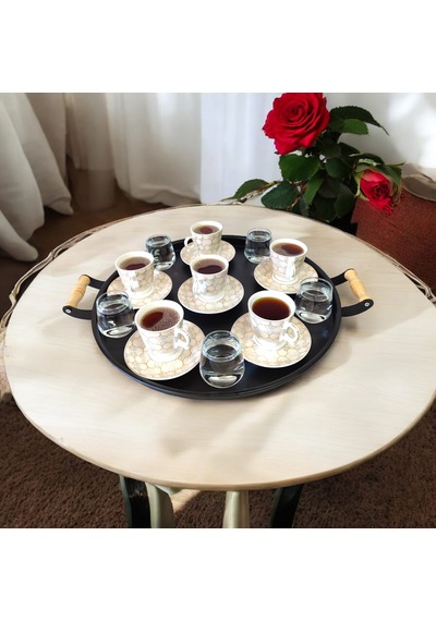 Tepsi Seti Ahşap Kulplu Siyah Metal Çay Tepsisi Kahve Tepsisi