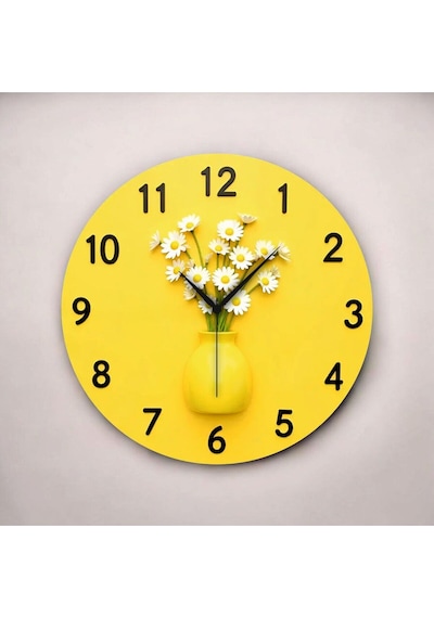 AA Shop 2d Kabartma Görünümlü Sarı Saksı Çiçek Renkli Baskı Sayılı Hediyelik Ahşap Sessiz Duvar Saati 50cm ÇOk Renkli