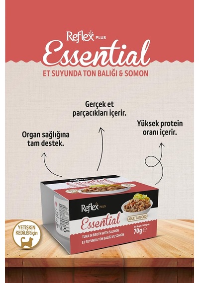 Plus Essential Et Suyu İçinde Ton Balığı Ve Somonlu Yetişkin Kedi Konserve Maması 70 G