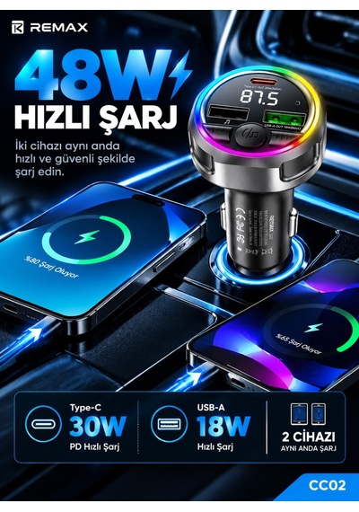 48w Rgb Işıklı Fm Transmitterli Araç Şarj Cihazı S