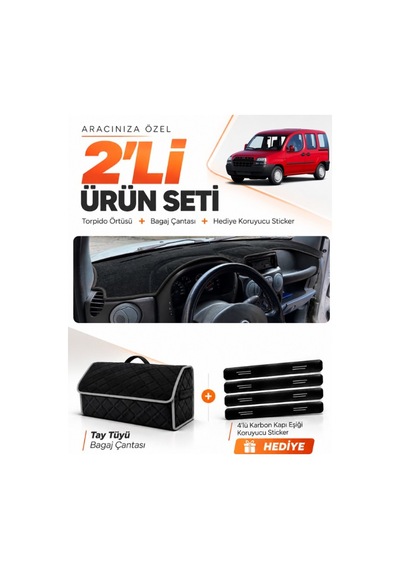 Fıat Doblo 2000-2008 Airbagsiz Küçük Ekran Uyumlu Torpido Örtüsü + Tay Tüyü Çanta Seti - Siyah Gri