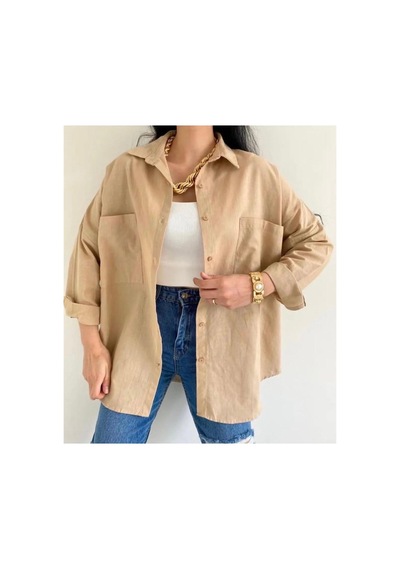 Rouge Basıc Oversize %100 Pamuk Çift Cepli Keten Gömlek Bej