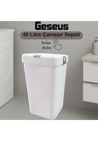 Gümüş Tekli Dokunmatik Çamaşır Sepeti Çöp Kovası Temizlik Kovası Kirli Sepet 40 Litre-mt008 Beyaz