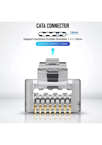 100 Adet - Rj45 Cat6 Metal Ez Yeni Nesil Delikli Konnektör - Çapraz Pinli Easy Type