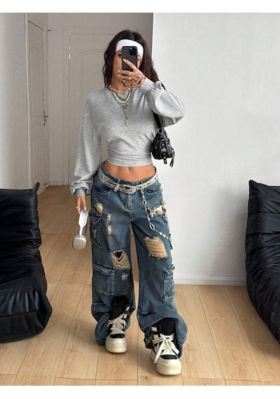 Kadın Bisiklet Yaka Belden Oturtmalı Tasarım Sweatshirt Gri