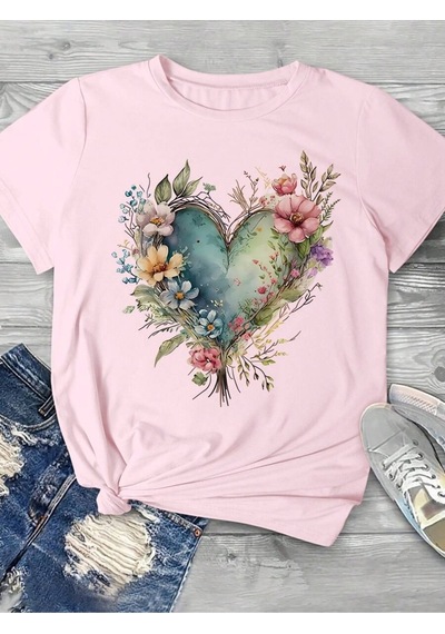 Flood Of Style Kadın Pembe Çiçekli Kalp Baskılı Oversize