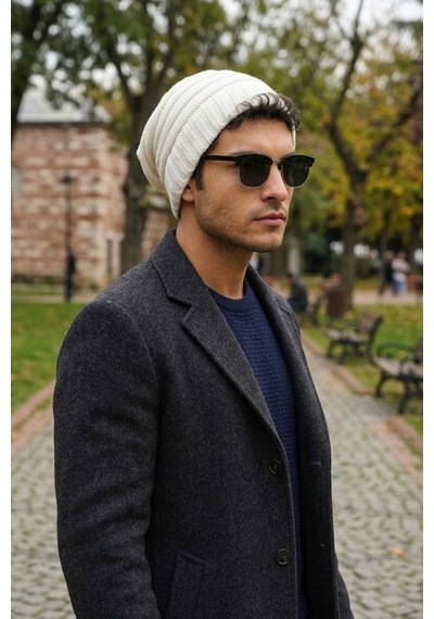 Ritagarcia Unisex Arkası İpli Büzgülü Triko Bere Kışlık Dökümlü Slouchy Beanie Bere Ekru
