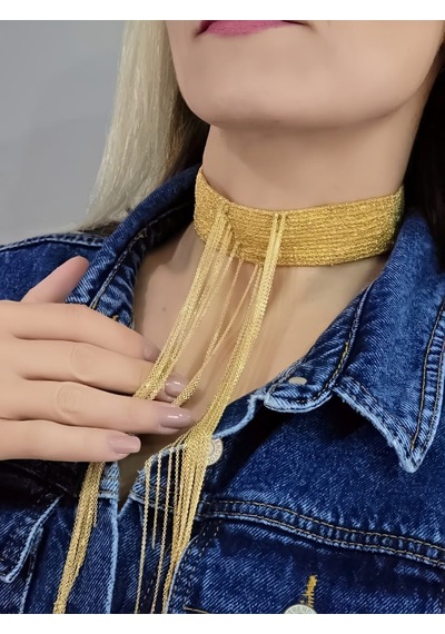 15 Sıralı Zincir V Model Dokuma Sallantılı Vücut Tasma Choker El Yapımı Altın Renk Kolye Gold