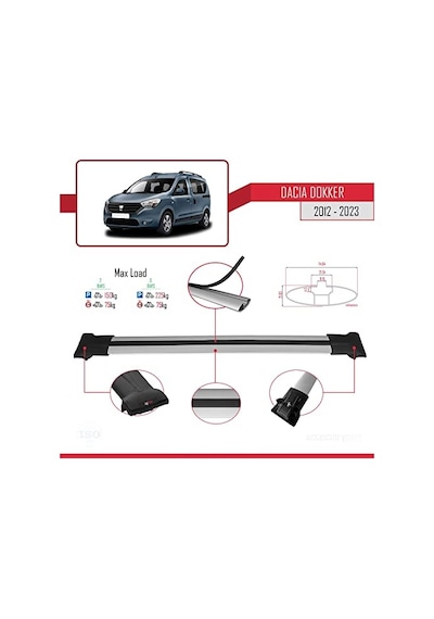 Dacia Dokker 2012 Ve Sonrası İle Uyumlu Fly Model Ara Atkı Tavan Barı Gri 0.5 KG