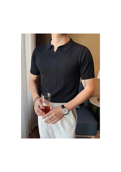 Cool Tarz Erkek Siyah Çizgili Kısa Kollu Triko T-shirt Siyah Siyah