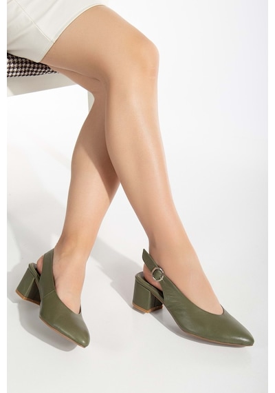 Analin Shoes Kadın Hakiki Deri Bilekten Bağlı Toka Detaylı Topuklu Ayakkabı Yeşil