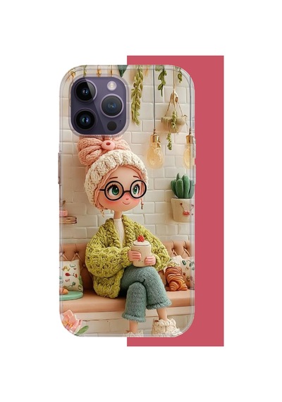 İphone 14 Pro Max Uyumlu Cafede Oturan Kız Uv Baskılı Silikon Kılıf Renkli