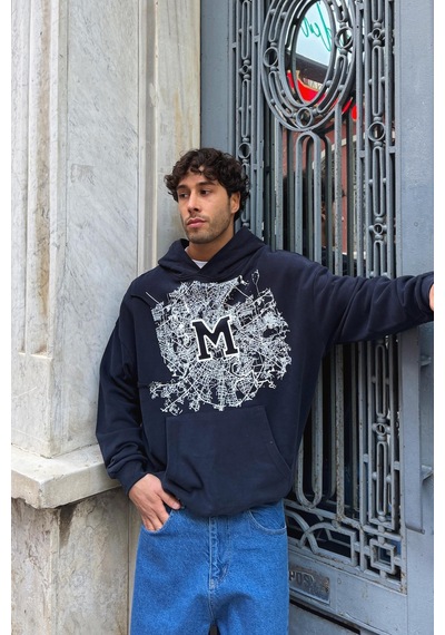 Flaw M Baskılı Hoodie-28588 Lacivert