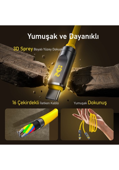 Aohi The Future Adonis Type-c To Type-c Led Ekranlı 1m Pd 3.1 120gbps 240w 8k Süper Hızlı Şarj/data
