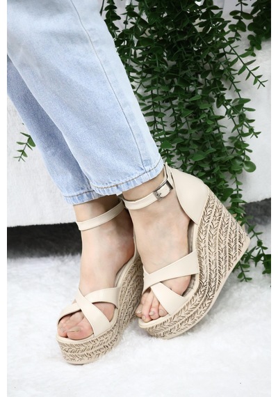 Asmi Shoes Kadın Çapraz Bantlı Dolgu Topuklu 11cm Ayakkabı Rahat Yüksek Topuklu 700 Krem Krem