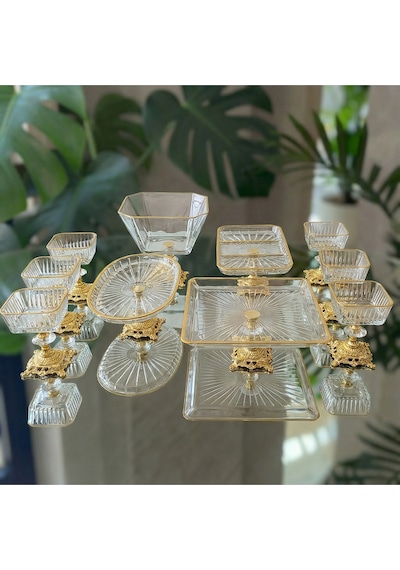 Assa Bazaar 10 Parca Gold Metal Ayaklı Pasta - Salata - Tatlı - Kase Ve Servis Sunum Seti