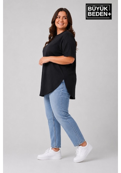 Superlife Büyük Beden Kadın Bisiklet Yaka Basic Oval Etek Detalylı 3xl-6xl Uzun Tunik Spr26btsk502 Siyah