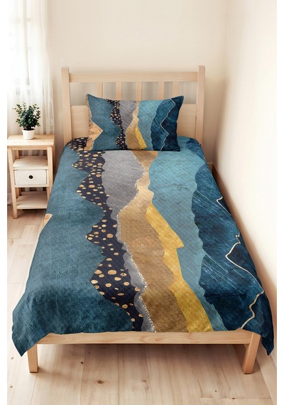 Mavi Geometrik Genç Odası Tek Kişilik Pike Takımı - Antrasit Gold 160x220 Cm Kapitone Yatak Örtüsü Mahmur Kıyı Gölgeliği
