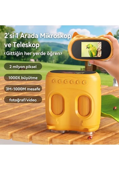 387 Sarı 2'si 1 Arada Dijital Çocuk Mikroskobu & Dürbün - 1000x Büyütme, 1000 Metre Menzil, 2 Mp Full Hd Ekranlı Eğitici Bilim Kiti