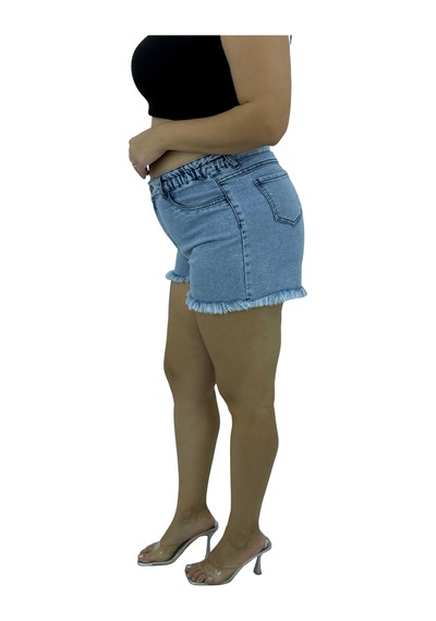 Büyük Beden Lastikli Yüksek Bel Püsküllü Kısa Denim Cepli Kadın Şort Mavi