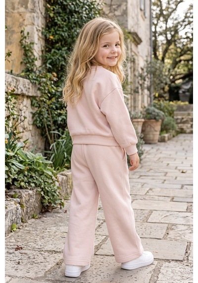 Zuzunga Kalp Nakış 3 İplik Fırçalı Kumaş Sweatshirt Eşofman Alt Üst Takım Pembe