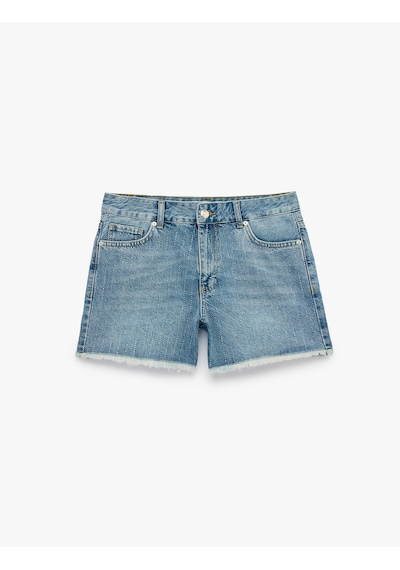 Koton Pamuklu Yüksek Bel Taş Detaylı Mini Denim Şort Orta İndigo 6sal40246md