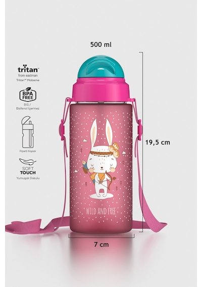 Renga Migo Soft Touch Desenli 500 Ml Askılı Pipetli Tritan Çocuk Matara 912142 Pembe Pembe