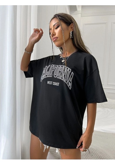 California W.c T-shirt - Siyah Baskılı Oversize Bisiklet Yaka Kısa Kol Tişört SIYAH