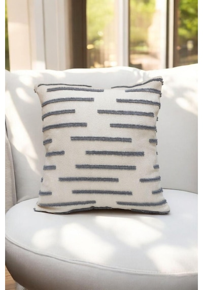 Modern Püskül Çizgili Kırlent Kılıfı Gri Renk 43x43cm Gri