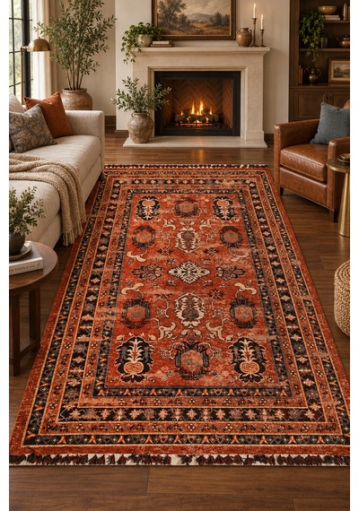 Oknar Kiremit Oturma Odası Salon Robot Süpürge Uyumlu Kolay Temizlenebilir Nostaljik Kilim Hali