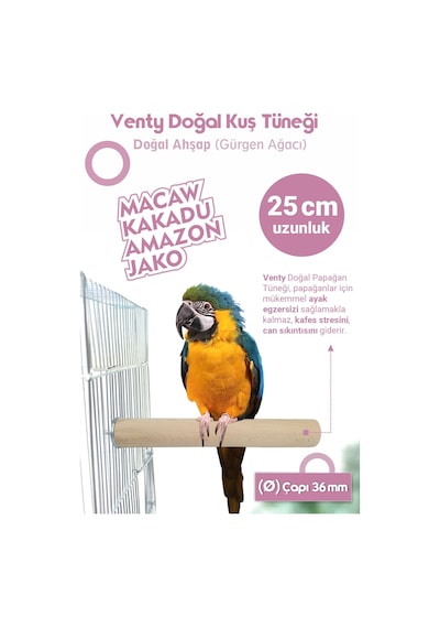 Vixpet Venty Büyük Papağan Tüneği 25 Cm 36 Mm / Doğal Ahşap Kuş Tüneği