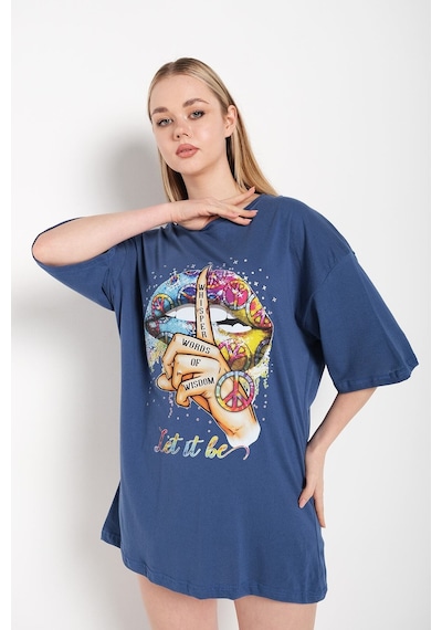 Flood Of Style Kadın Indigo Let It Be Baskılı Oversize T-shirt Lacivert
