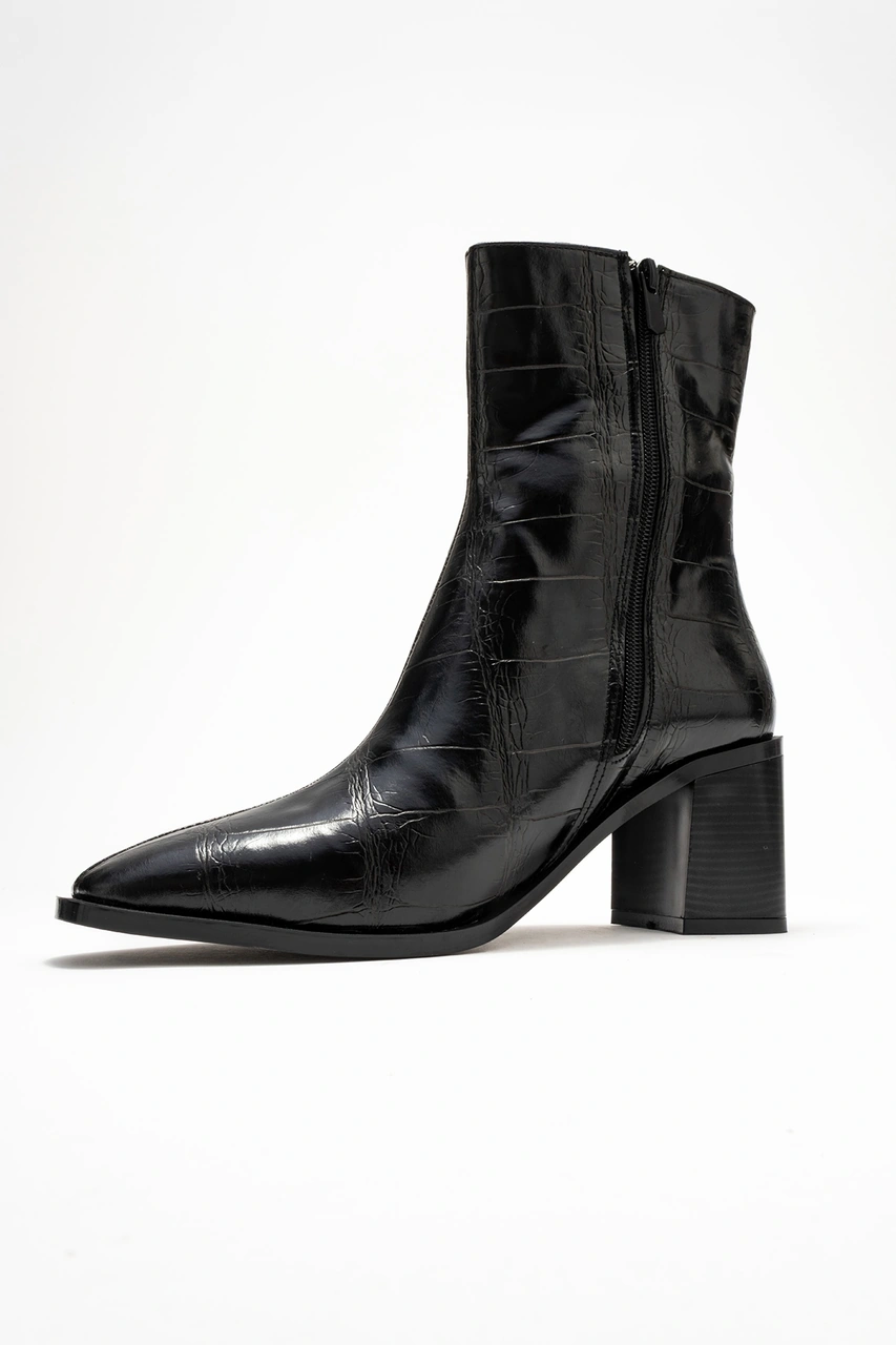 Luvishoes Luvi Shoes Chara Siyah Baskı Kadın Kalın Topuklu Bot Siyah Kroko