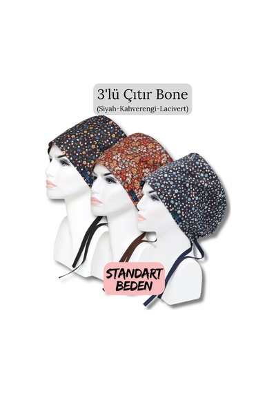 Standart Beden 3lü Çıtır Bone Siyah Çıtır Kahverengi Çıtır Lacivert Çıtır Çiçekler Cerrahi Bone Renkli