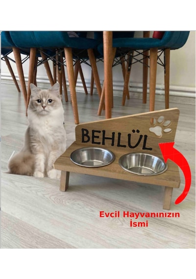 Nursoft Ahşap Kedi Mama Kabı Özel Isim Baskılı Kedi Köpek Su Kabı