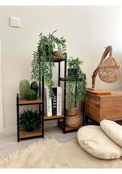 Garden 6 Raflı Metal Saksılık Dekoratif Metal Raflı Ahşap Çiçeklik Matkapsız Kurulum Metalik Mat Siyah