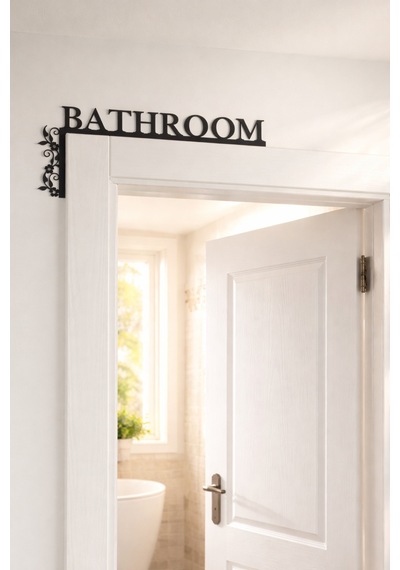 Metal Bathroom Banyo Yazısı - Kapı Üstü Köşe Dekoru - Siyah Metal Kapı Süsü Metal Siyah