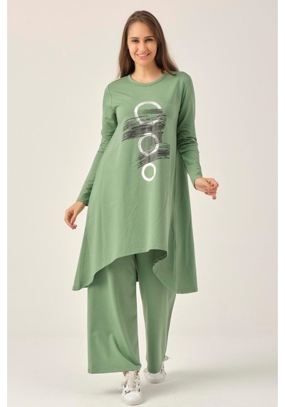 Yeşil Baskılı Tunik Pantolon Ikili Takım Dm51021 Yeşil