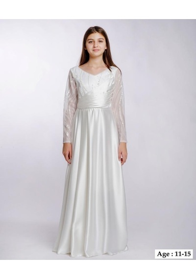Kız Çocuk/genç Yeni Moda Tafta Kumaş Uzun Kollu Tam Kalıp Abiye Elbise 5799-beyaz Beyaz