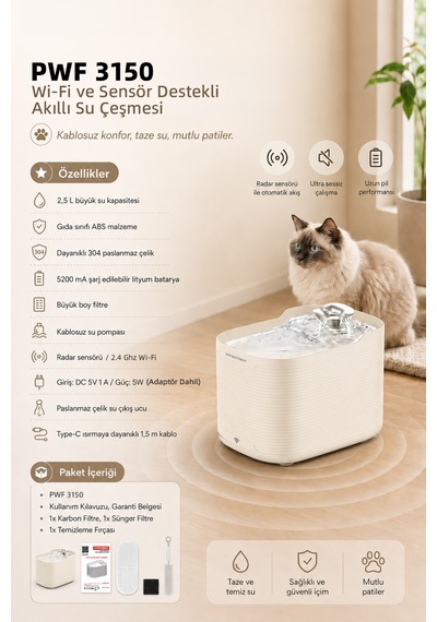 Pwf 3150 Petmate Flowsense Pro - Wi-fi Ve Sensörlü Akıllı Otomatik Kedi Köpek Su Çeşmesi 2,5 L Paslanmaz Çelik - Bpa İçermez - Krem