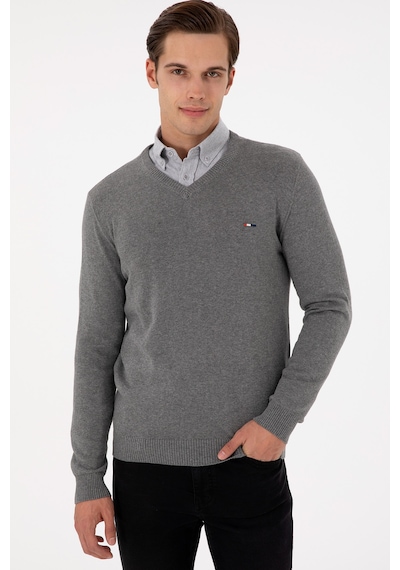 U.S. Polo Assn. Erkek Slim Fit V Yaka Gri Melanj Kazak 50298283-VR086