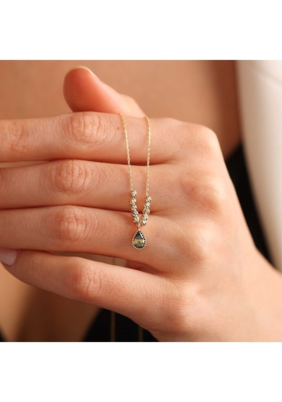 Sembol Gold Peridot Taşlı Damla Altın Kolye Dorikalı