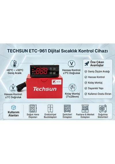 Techsun Etc 961 220v Dijital Termostat Tek Prob Soğutma Kontrol Cihazı 1 Adet
