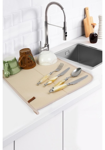Basic Bulaşık Kurutma Matı 46x36 cm Kurulama Bezi Kurutma Örtüsü Tezgah Üstü Bej