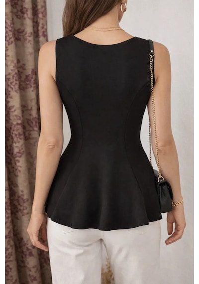Meridefashion Kadın Kolsuz Peplum Bluz Fit Kalıp Şık Üst M Siyah